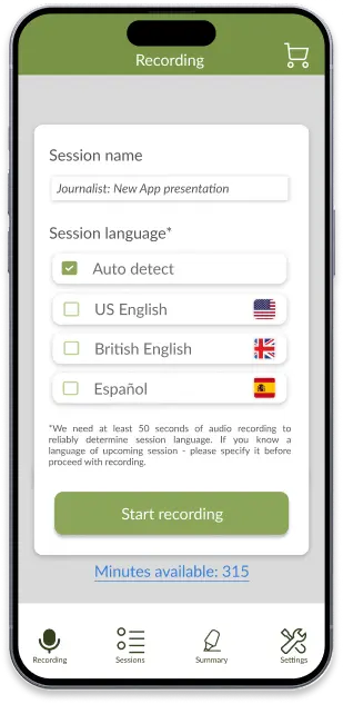 Journalist.Live - Step 1.2: choose language using your audio summarizer